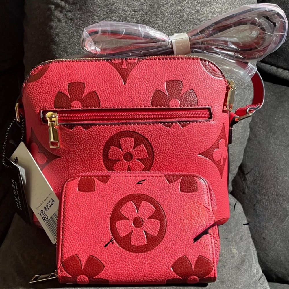 Pink Floral Crossbody Bag and Wallet Set - Women Bags
